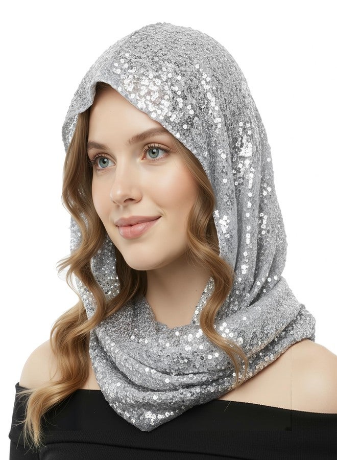 Simlakey Sequin Rave Hood Rave Scarf Outfit Accessories for Women Glitter Hooded Head Scarf for Halloween Concert Costume(Silver) - Image 1